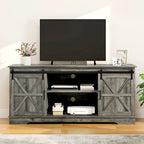 Meuble TV Moasis style ferme avec porte de grange, console multimédia et rangements intégrés