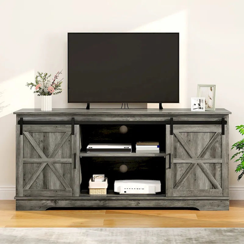 Meuble TV Moasis style ferme avec porte de grange, console multimédia et rangements intégrés