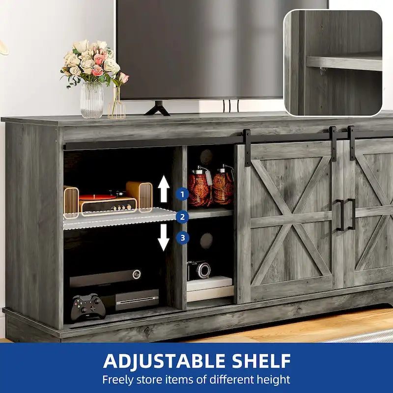 Meuble TV Moasis style ferme avec porte de grange, console multimédia et rangements intégrés