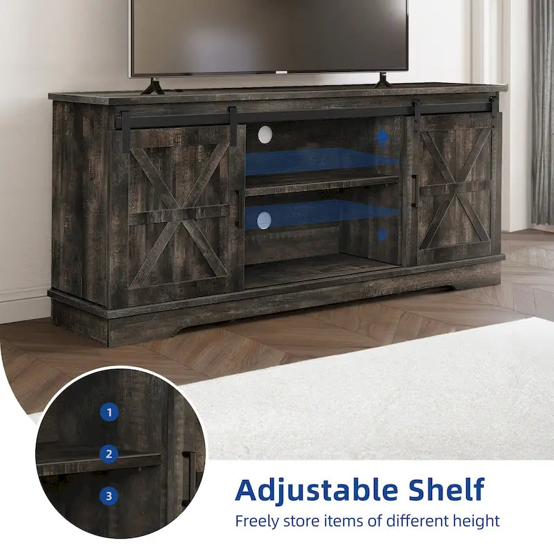 Meuble TV Moasis style ferme avec porte de grange, console multimédia et rangements intégrés
