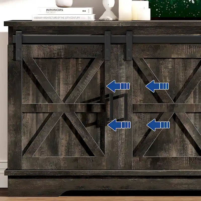 Meuble TV Moasis style ferme avec porte de grange, console multimédia et rangements intégrés