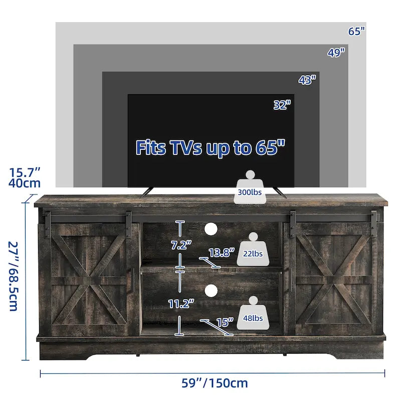 Meuble TV Moasis style ferme avec porte de grange, console multimédia et rangements intégrés