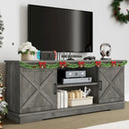 Meuble TV Moasis style ferme avec porte de grange, console multimédia et rangements intégrés