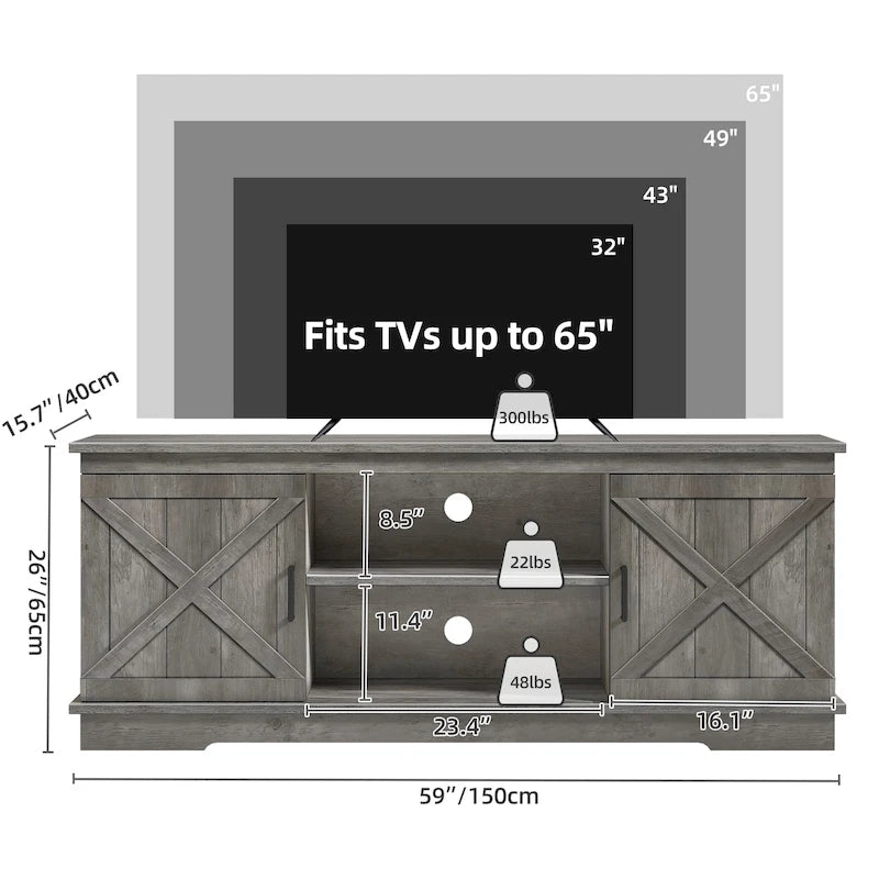 Meuble TV Moasis style ferme avec porte de grange, console multimédia et rangements intégrés