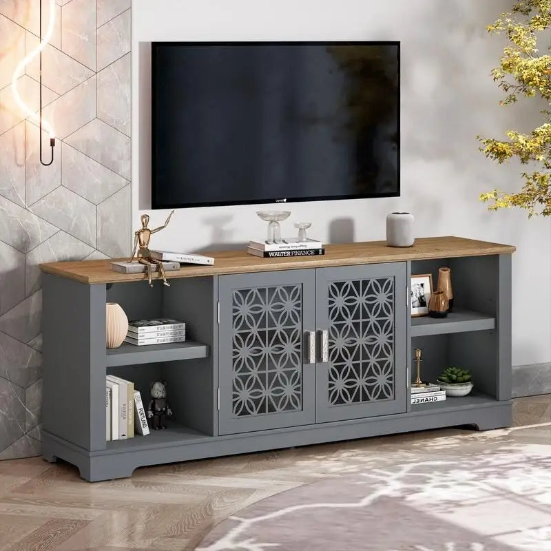 Meuble TV rustique décoratif à motif floral de 70 pouces, pouvant accueillir des téléviseurs jusqu'à 80 pouces.