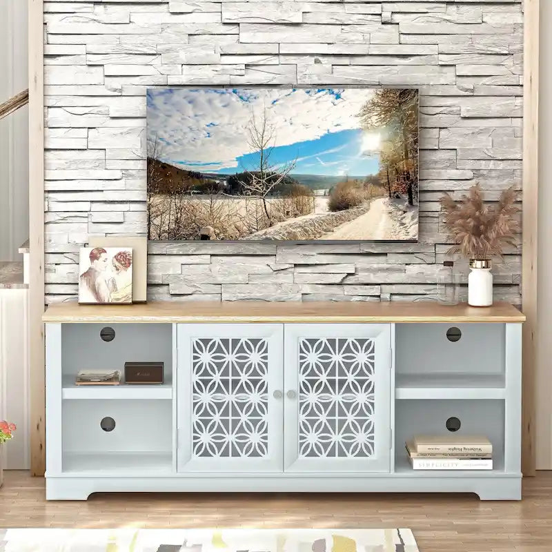 Meuble TV rustique décoratif à motif floral de 70 pouces, pouvant accueillir des téléviseurs jusqu'à 80 pouces.