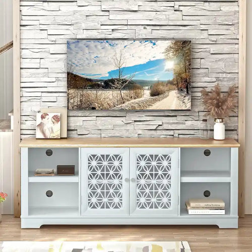 Meuble TV rustique décoratif à motif floral de 70 pouces, pouvant accueillir des téléviseurs jusqu'à 80 pouces.