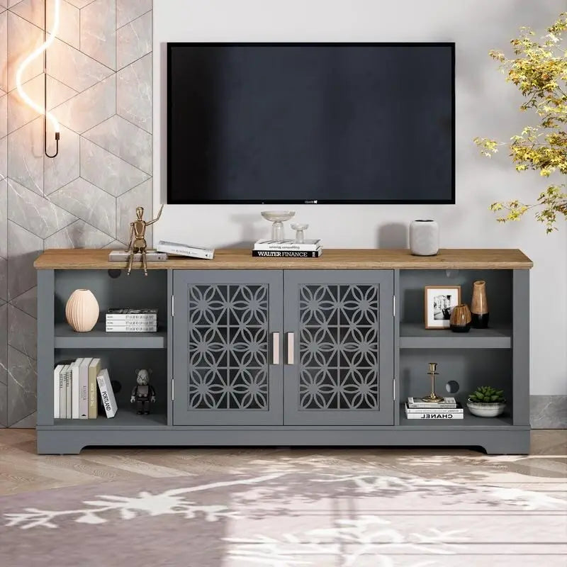 Meuble TV rustique décoratif à motif floral de 70 pouces, pouvant accueillir des téléviseurs jusqu'à 80 pouces.