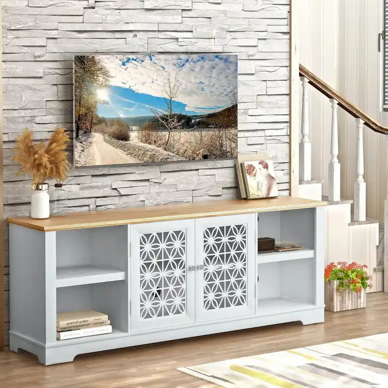 Meuble TV rustique décoratif à motif floral de 70 pouces, pouvant accueillir des téléviseurs jusqu'à 80 pouces.