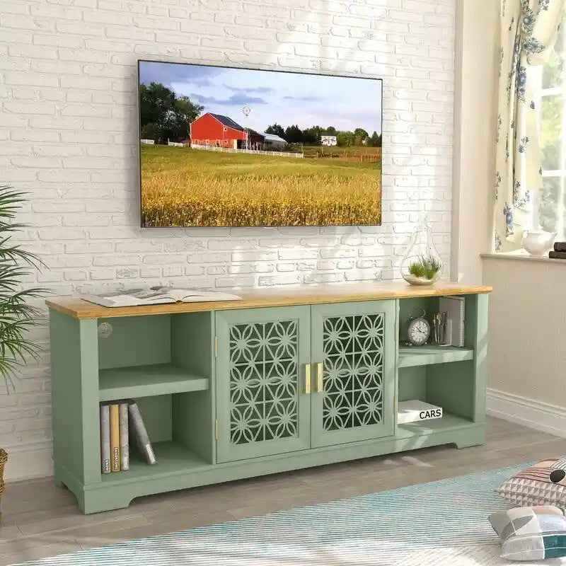 Meuble TV rustique décoratif à motif floral de 70 pouces, pouvant accueillir des téléviseurs jusqu'à 80 pouces.