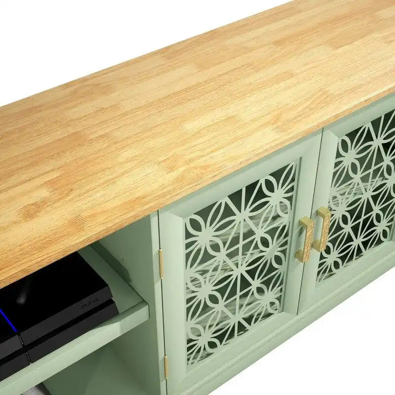 Meuble TV rustique décoratif à motif floral de 70 pouces, pouvant accueillir des téléviseurs jusqu'à 80 pouces.