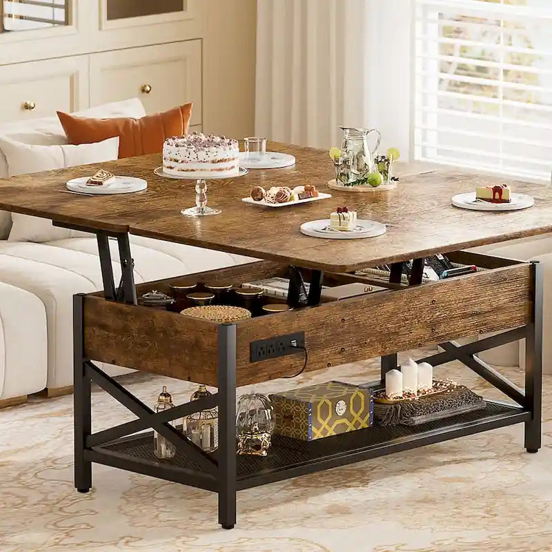 Table basse relevable avec éclairage LED et port USB, table à manger convertible de style ferme moderne