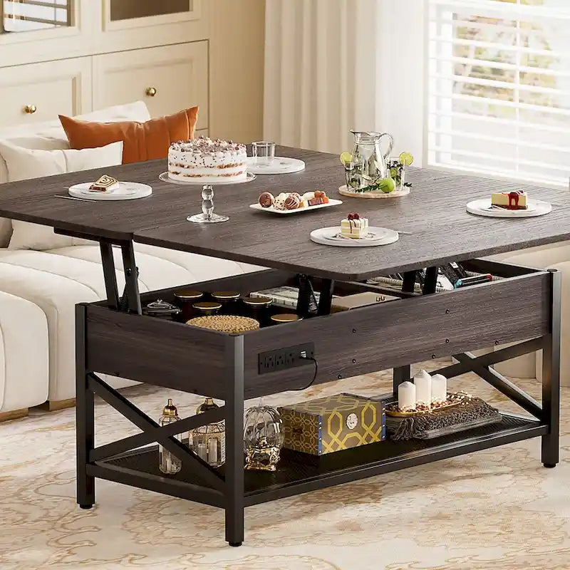 Table basse relevable avec éclairage LED et port USB, table à manger convertible de style ferme moderne