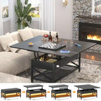 Table basse relevable avec éclairage LED et port USB, table à manger convertible de style ferme moderne