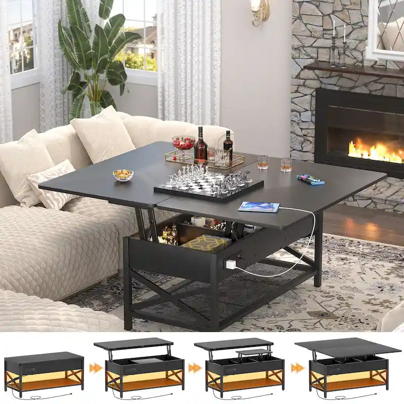 Table basse relevable avec éclairage LED et port USB, table à manger convertible de style ferme moderne