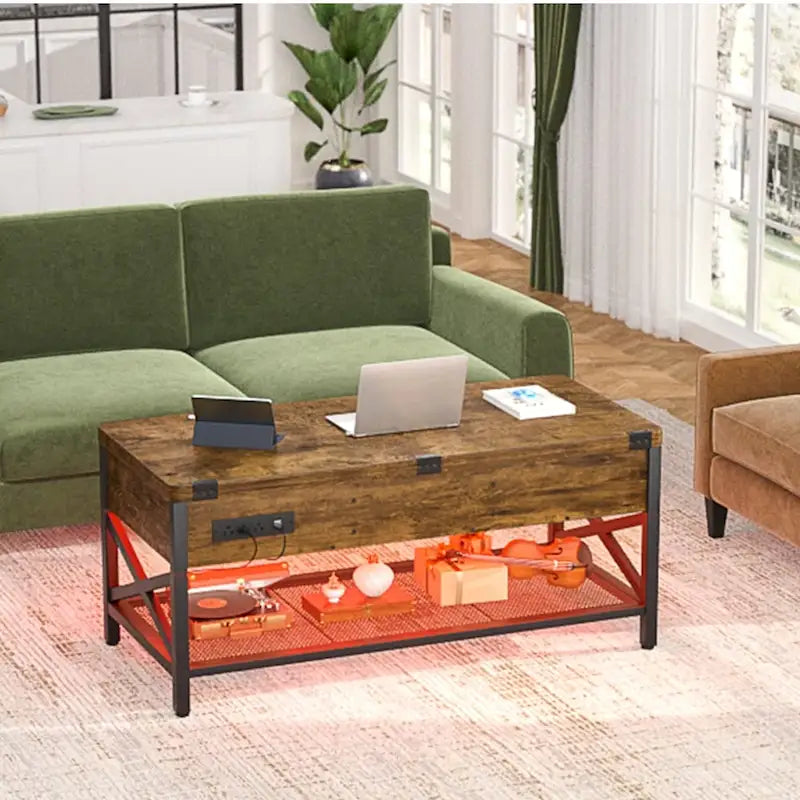 Table basse relevable avec éclairage LED et port USB, table à manger convertible de style ferme moderne