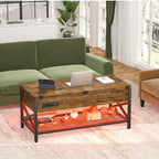 Table basse relevable avec éclairage LED et port USB, table à manger convertible de style ferme moderne