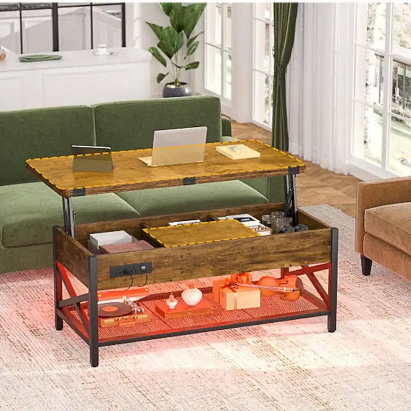 Table basse relevable avec éclairage LED et port USB, table à manger convertible de style ferme moderne