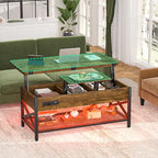 Table basse relevable avec éclairage LED et port USB, table à manger convertible de style ferme moderne