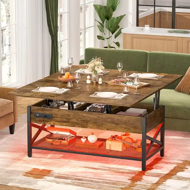 Table basse relevable avec éclairage LED et port USB, table à manger convertible de style ferme moderne