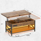 Table basse relevable avec éclairage LED et port USB, table à manger convertible de style ferme moderne