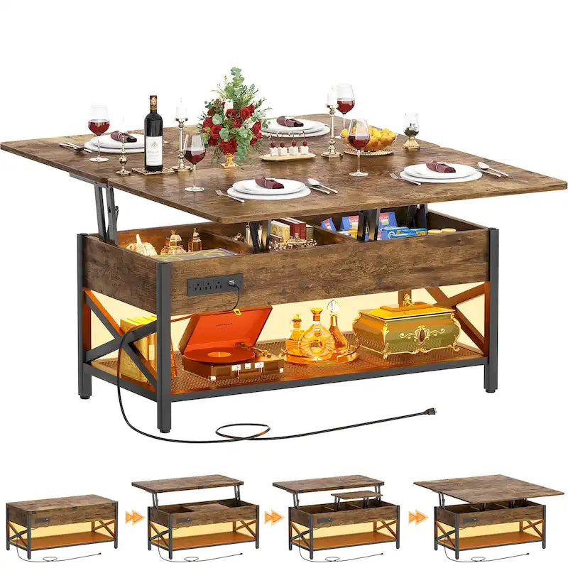 Table basse relevable avec éclairage LED et port USB, table à manger convertible de style ferme moderne