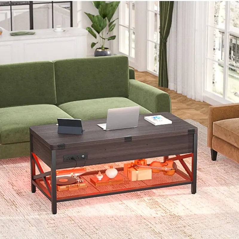 Table basse relevable avec éclairage LED et port USB, table à manger convertible de style ferme moderne