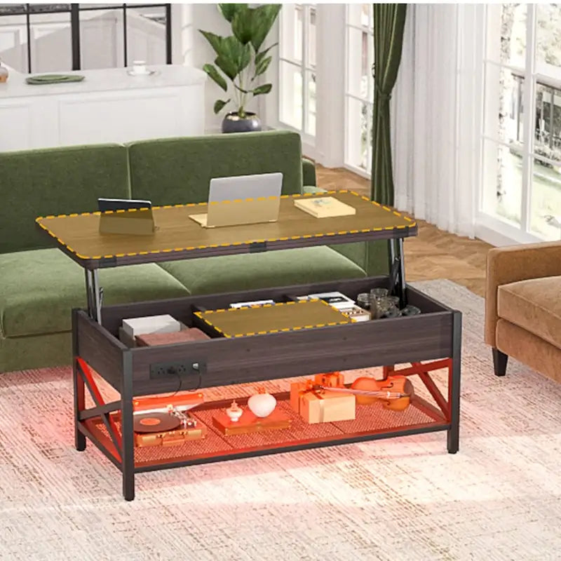 Table basse relevable avec éclairage LED et port USB, table à manger convertible de style ferme moderne