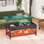 Table basse relevable avec éclairage LED et port USB, table à manger convertible de style ferme moderne