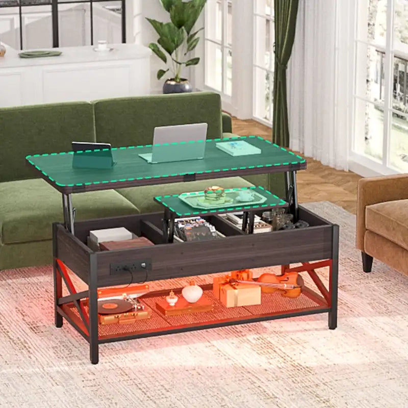 Table basse relevable avec éclairage LED et port USB, table à manger convertible de style ferme moderne