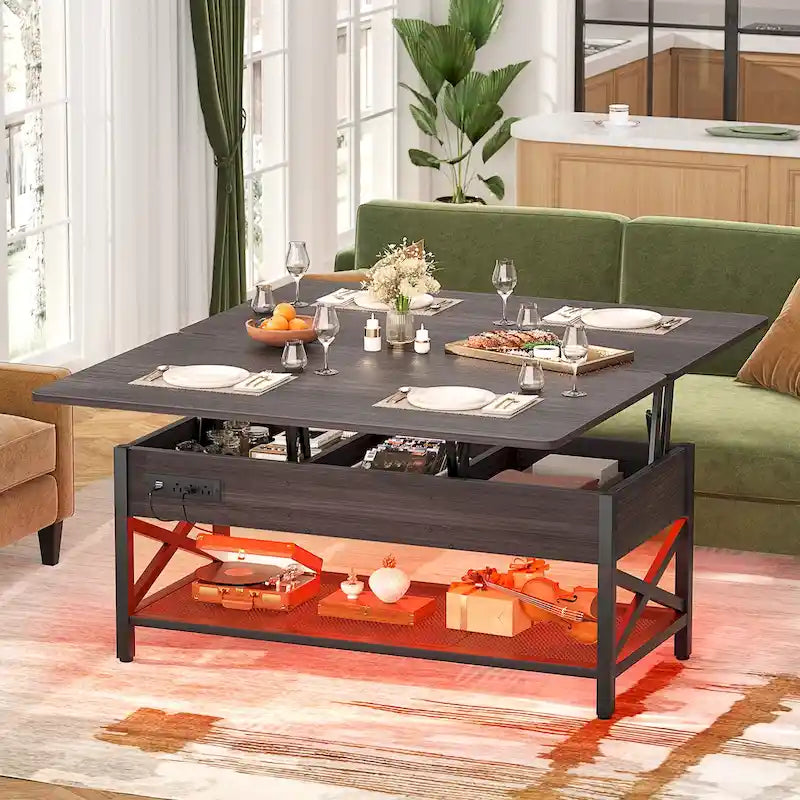 Table basse relevable avec éclairage LED et port USB, table à manger convertible de style ferme moderne
