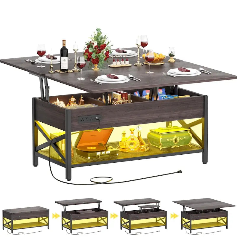 Table basse relevable avec éclairage LED et port USB, table à manger convertible de style ferme moderne