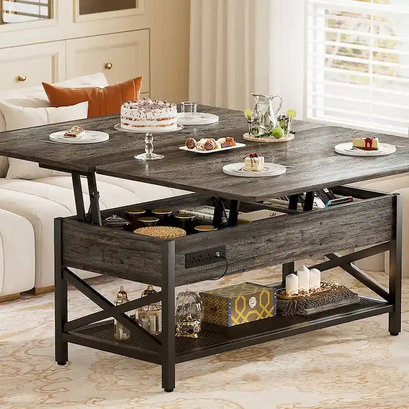 Table basse relevable avec éclairage LED et port USB, table à manger convertible de style ferme moderne