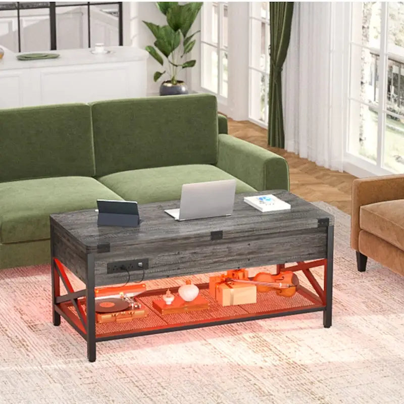 Table basse relevable avec éclairage LED et port USB, table à manger convertible de style ferme moderne