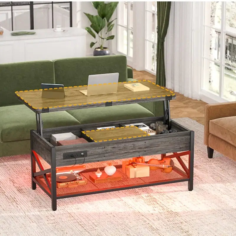 Table basse relevable avec éclairage LED et port USB, table à manger convertible de style ferme moderne