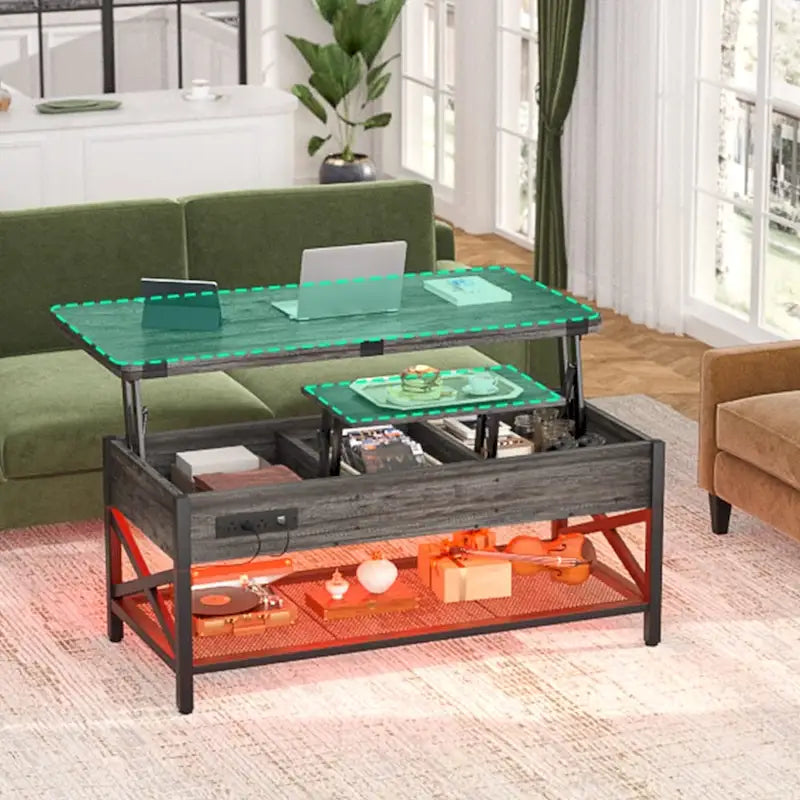 Table basse relevable avec éclairage LED et port USB, table à manger convertible de style ferme moderne