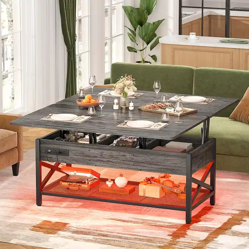 Table basse relevable avec éclairage LED et port USB, table à manger convertible de style ferme moderne