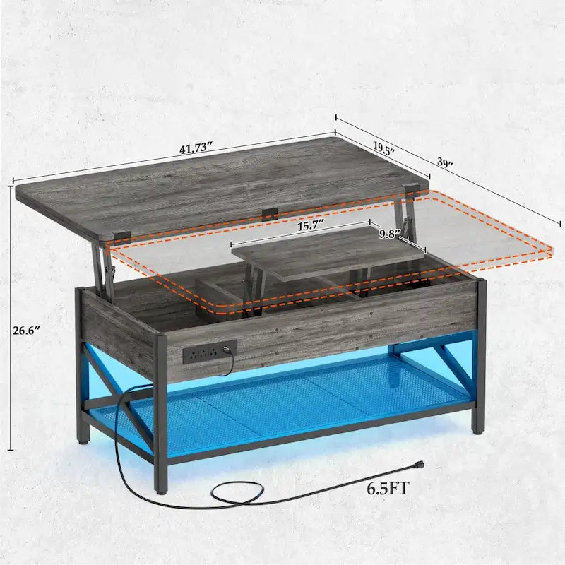 Table basse relevable avec éclairage LED et port USB, table à manger convertible de style ferme moderne
