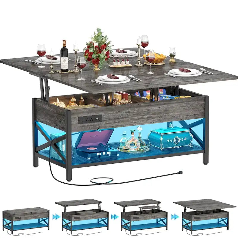 Table basse relevable avec éclairage LED et port USB, table à manger convertible de style ferme moderne