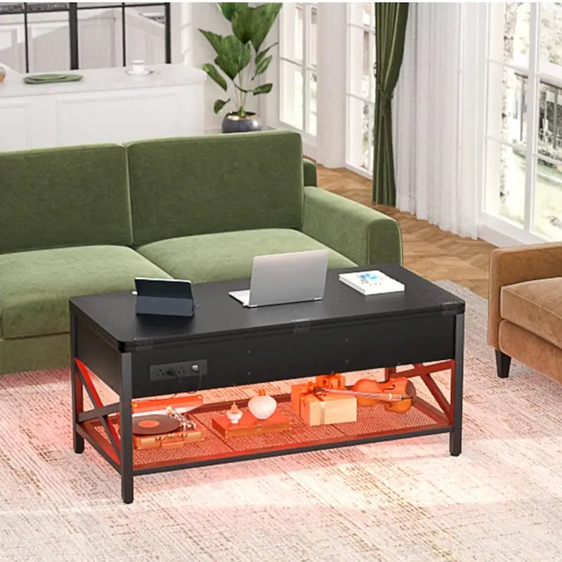 Table basse relevable avec éclairage LED et port USB, table à manger convertible de style ferme moderne