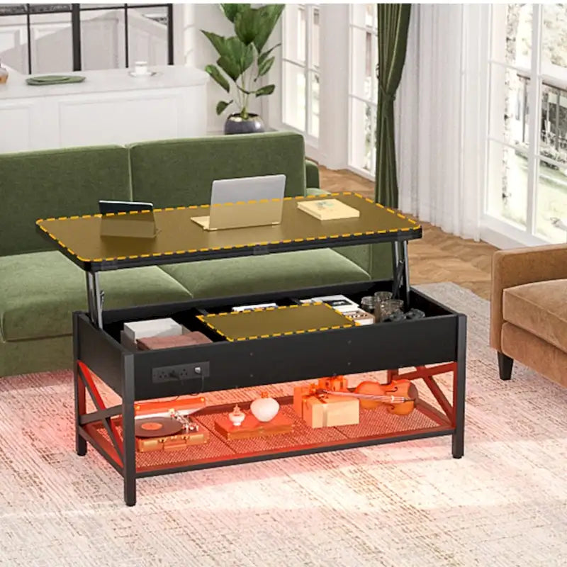 Table basse relevable avec éclairage LED et port USB, table à manger convertible de style ferme moderne
