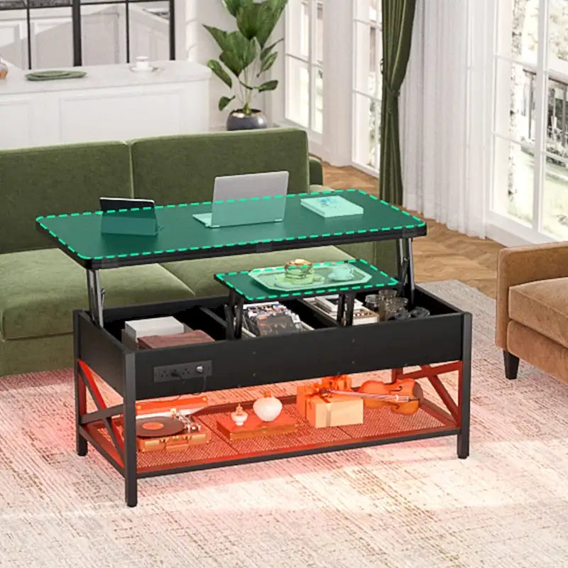 Table basse relevable avec éclairage LED et port USB, table à manger convertible de style ferme moderne
