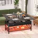 Table basse relevable avec éclairage LED et port USB, table à manger convertible de style ferme moderne