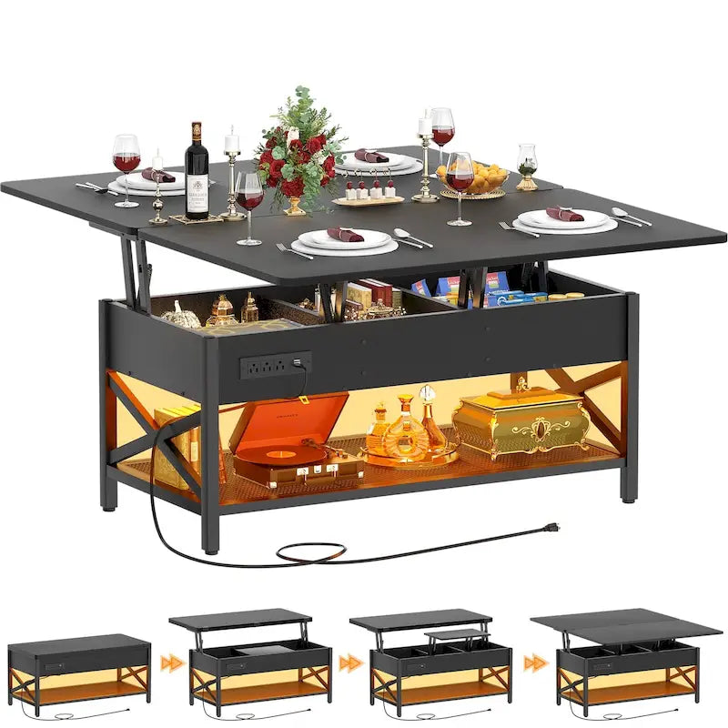 Table basse relevable avec éclairage LED et port USB, table à manger convertible de style ferme moderne