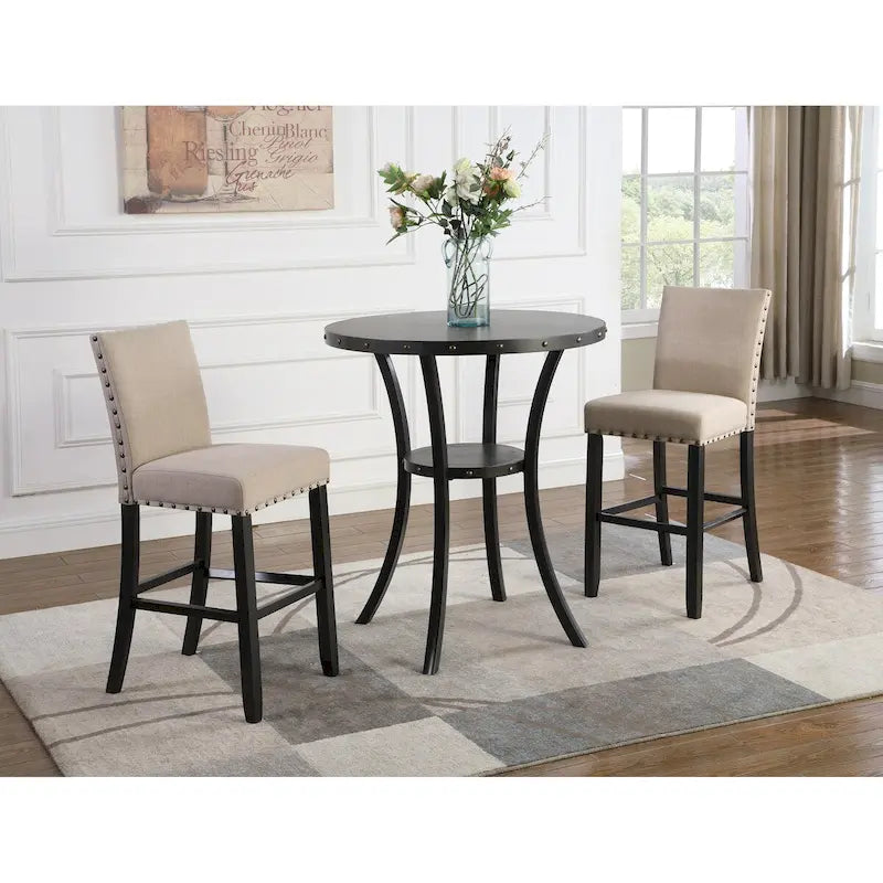 Table de bar ronde Biony 3 pièces 36 pouces, finition expresso, avec 2 chaises de pub en tissu beige à clous décoratifs