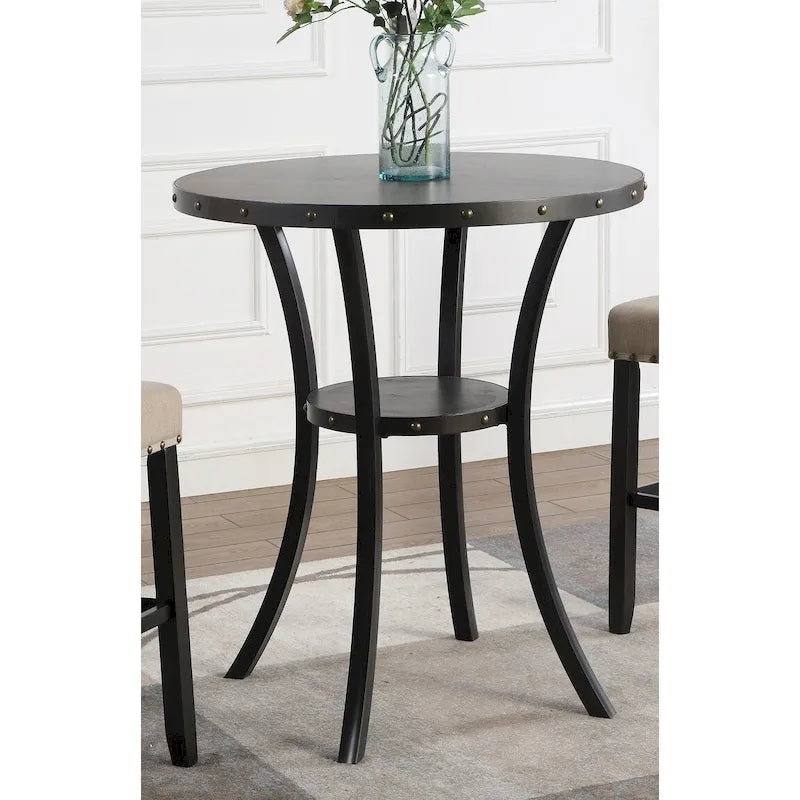 Table de bar ronde Biony 3 pièces 36 pouces, finition expresso, avec 2 chaises de pub en tissu beige à clous décoratifs