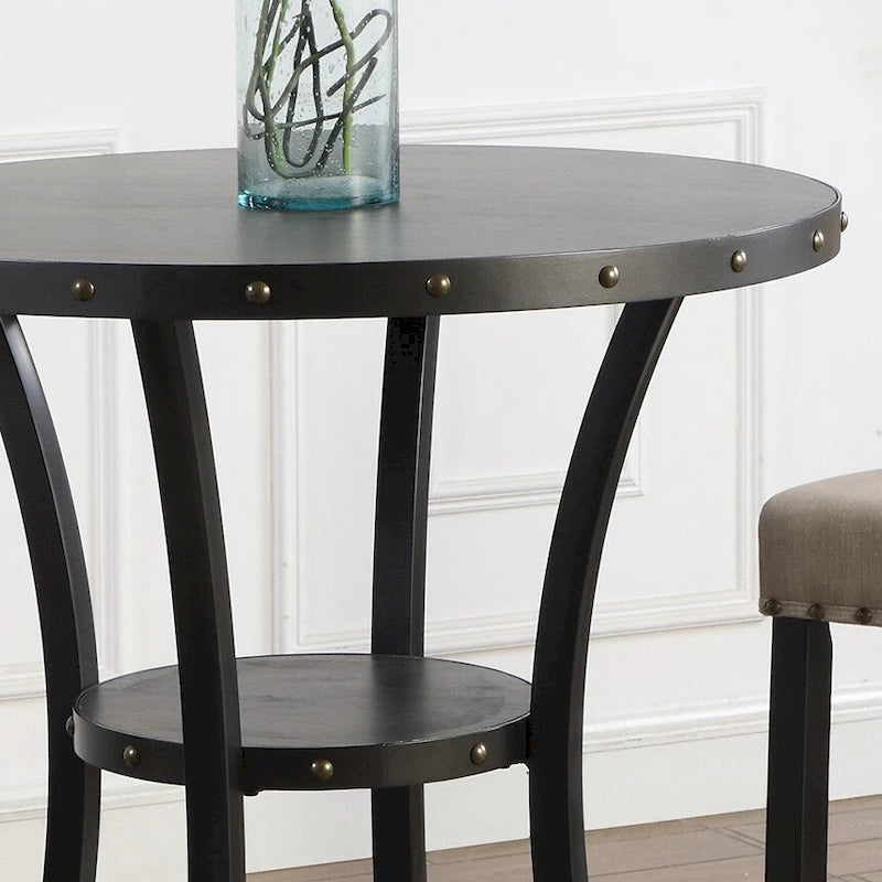 Table de bar ronde Biony 3 pièces 36 pouces, finition expresso, avec 2 chaises de pub en tissu beige à clous décoratifs