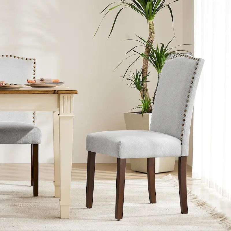 Ensemble de 2 chaises de salle à manger rembourrées, chaises de salle à manger modernes en tissu rembourré avec garniture cloutée et pieds en bois