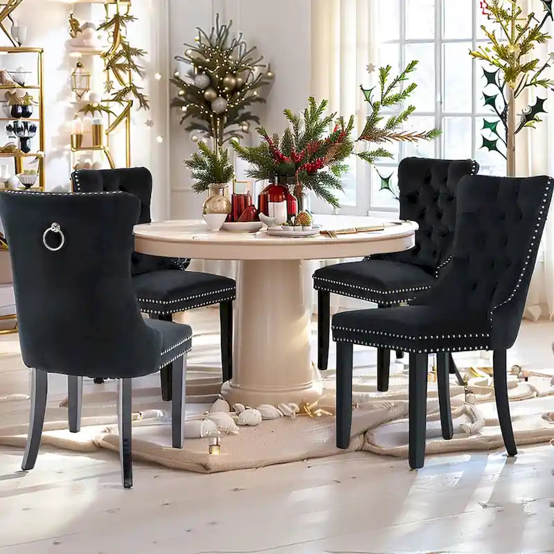 Ensemble de 4 chaises de salle à manger, chaises de cuisine de luxe en velours rembourré, avec dossier rembourré et pieds en bois massif.