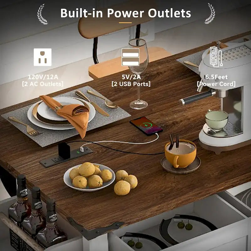 Îlot de cuisine de style campagnard de 53,5 po avec prise électrique